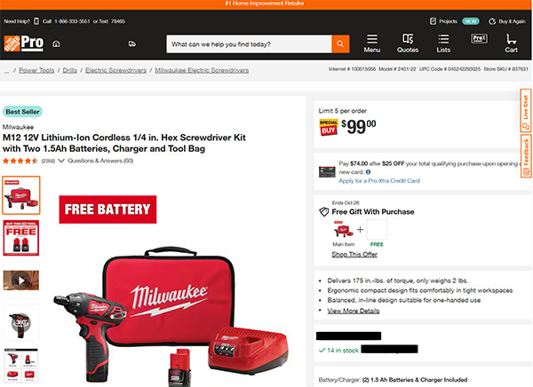 Home Depot Listing for Milwaukee M12 Cordless Screwdriver