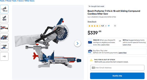 Lowes Sold Out Bosch Miter Saw Screen Capture