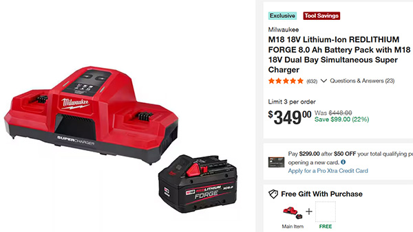 Milwaukee M18 Dual Bay Super Charger with FORGE 8Ah Battery and Free Bonus Home Depot Screen Capture